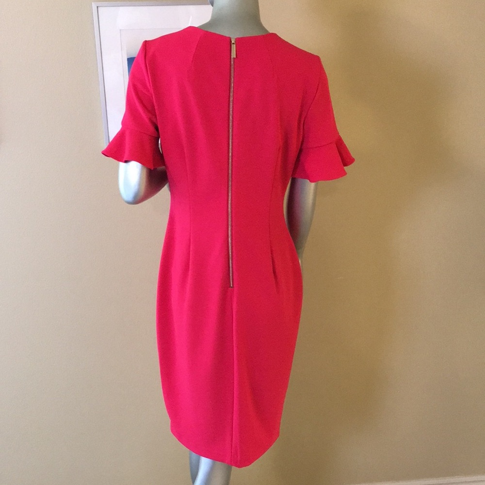 CALVIN KLEIN | Ruffle Short Sleeve Sheath Dress Hot Coral Pink đź©· - Picture 10 of 16